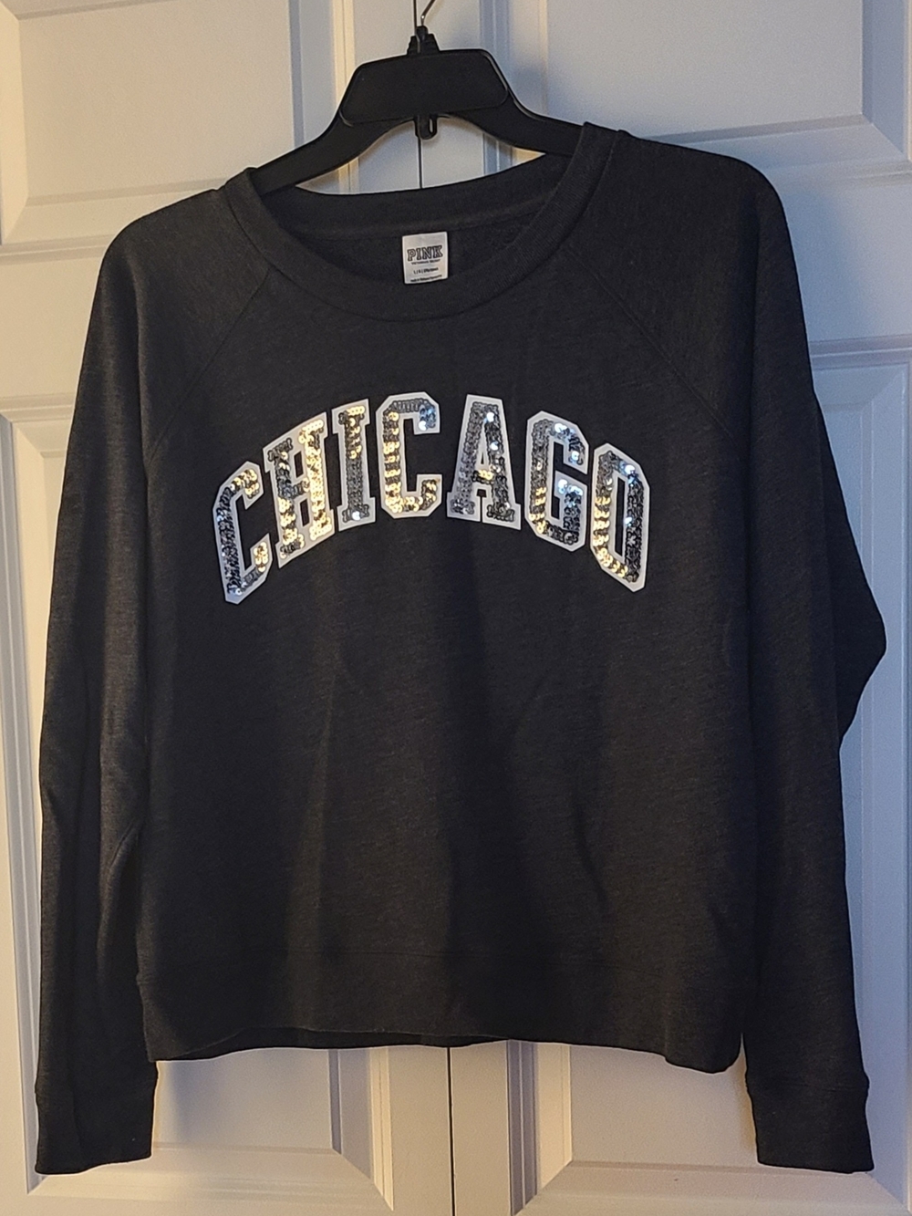 PINK Victoria's Secret Gray Sweatshirt with Chicago Sequin Logo - Size Large